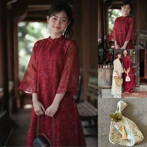 Bundle Traditional Ao Dai & Knot Handbag Flower Tassel- Ao Dai Tet Free Size